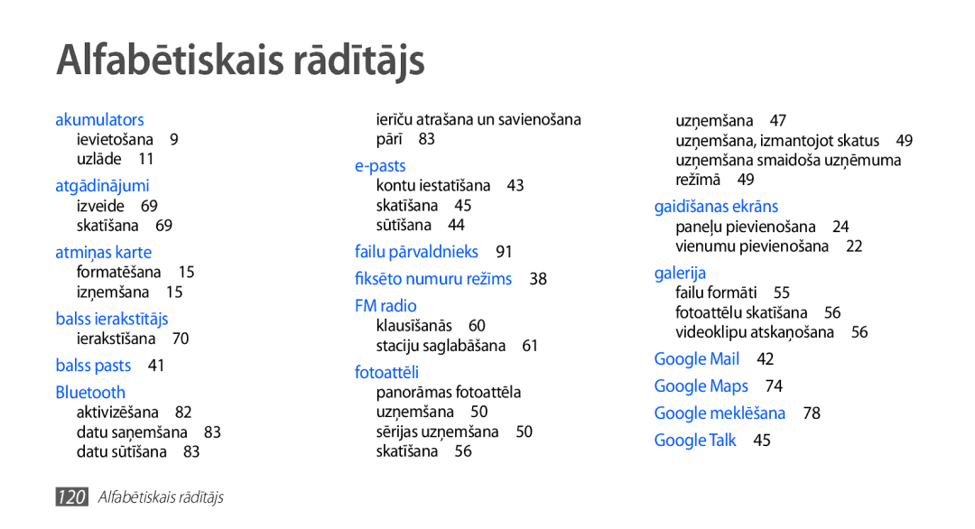 Samsung GT-S5570CWAOMT, GT-S5570EGASEB manual Alfabētiskais rādītājs, Ierīču atrašana un savienošana pārī , Uzņemšana  